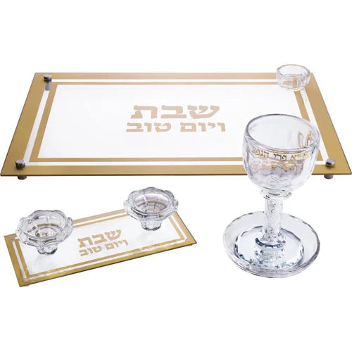 סט גביע קידוש, פמוטים ומגש קריסטל - דגם רבקה
